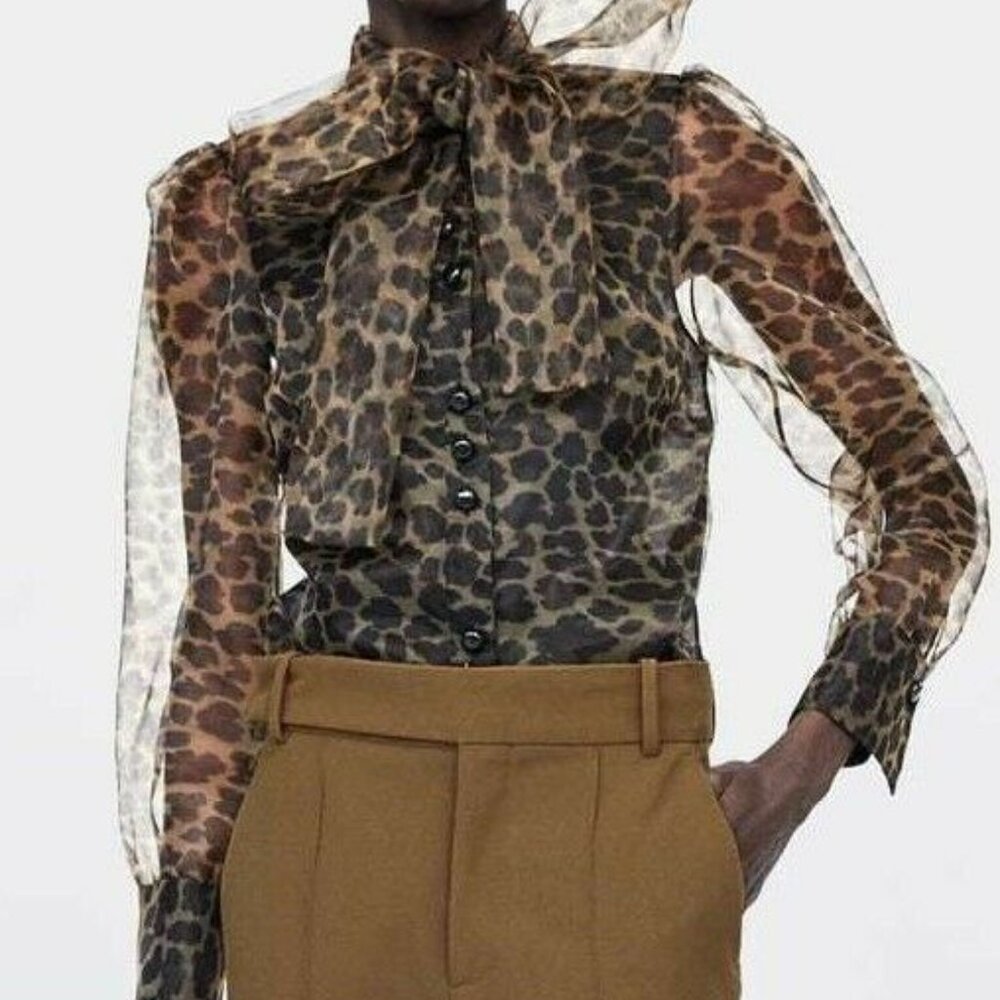 Zara Leopard Pussybow Blouse - Size Large
